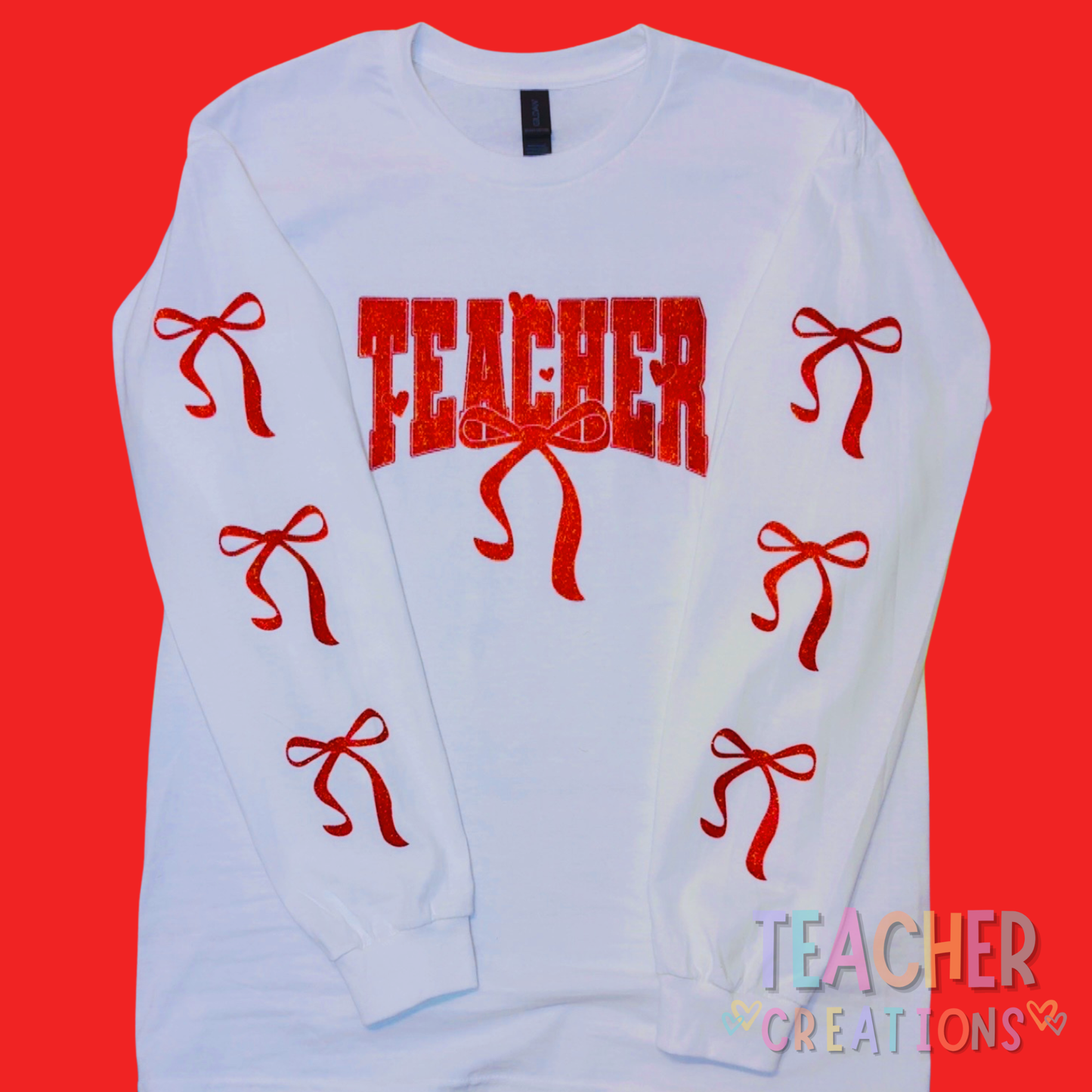 Teacher Valentine Sweatshirt – Coquette Bow Teacher Shirt | Cute Red Glitter Teacher Apparel
