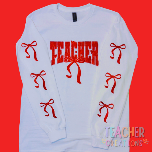 Teacher Valentine Sweatshirt – Coquette Bow Teacher Shirt | Cute Red Glitter Teacher Apparel