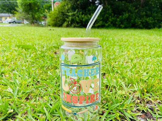 Teacher Love Inspire 16oz Glass Tumbler