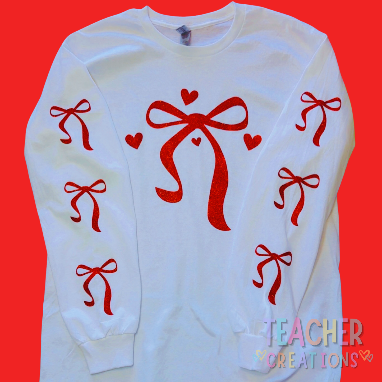 Valentine’s Coquette Bow Long Sleeve Shirt with Hearts | Cute Teacher Valentine Shirt